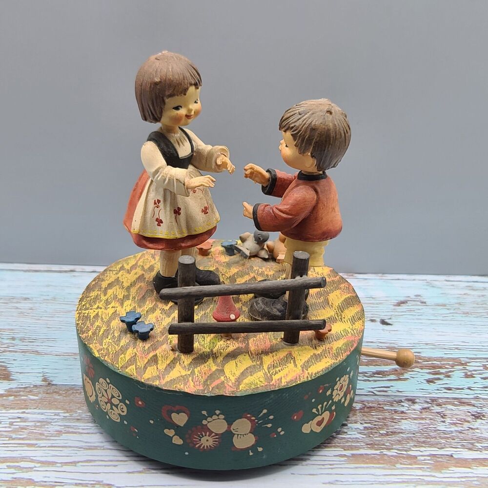 Anri Painted Wooden Girl and Boy Musical Put Your Hand In The Hand Works